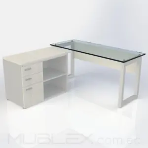 Escritorio en Vidrio en L Quattro con biblioteca baja